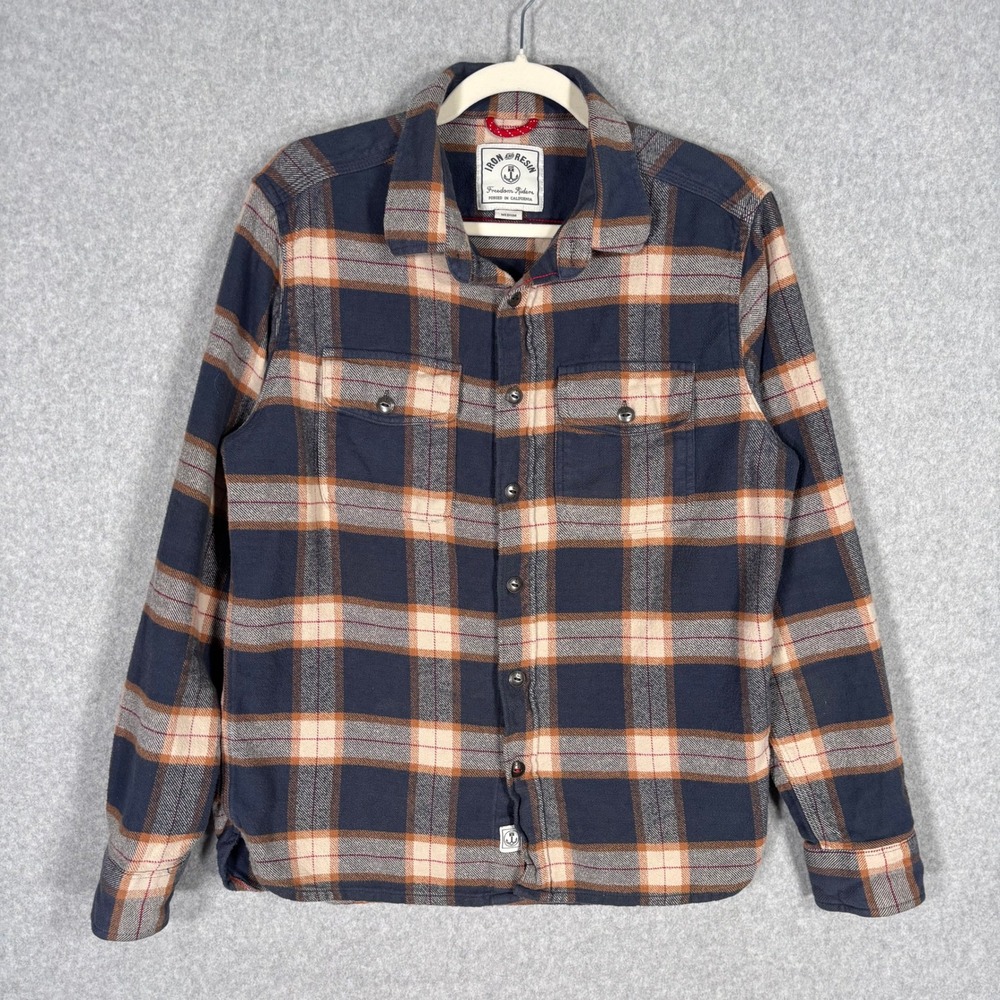 Iron and Resin Flannel Shirt Mens Medium Gray Orange Plaid Cotton Thick Workwear